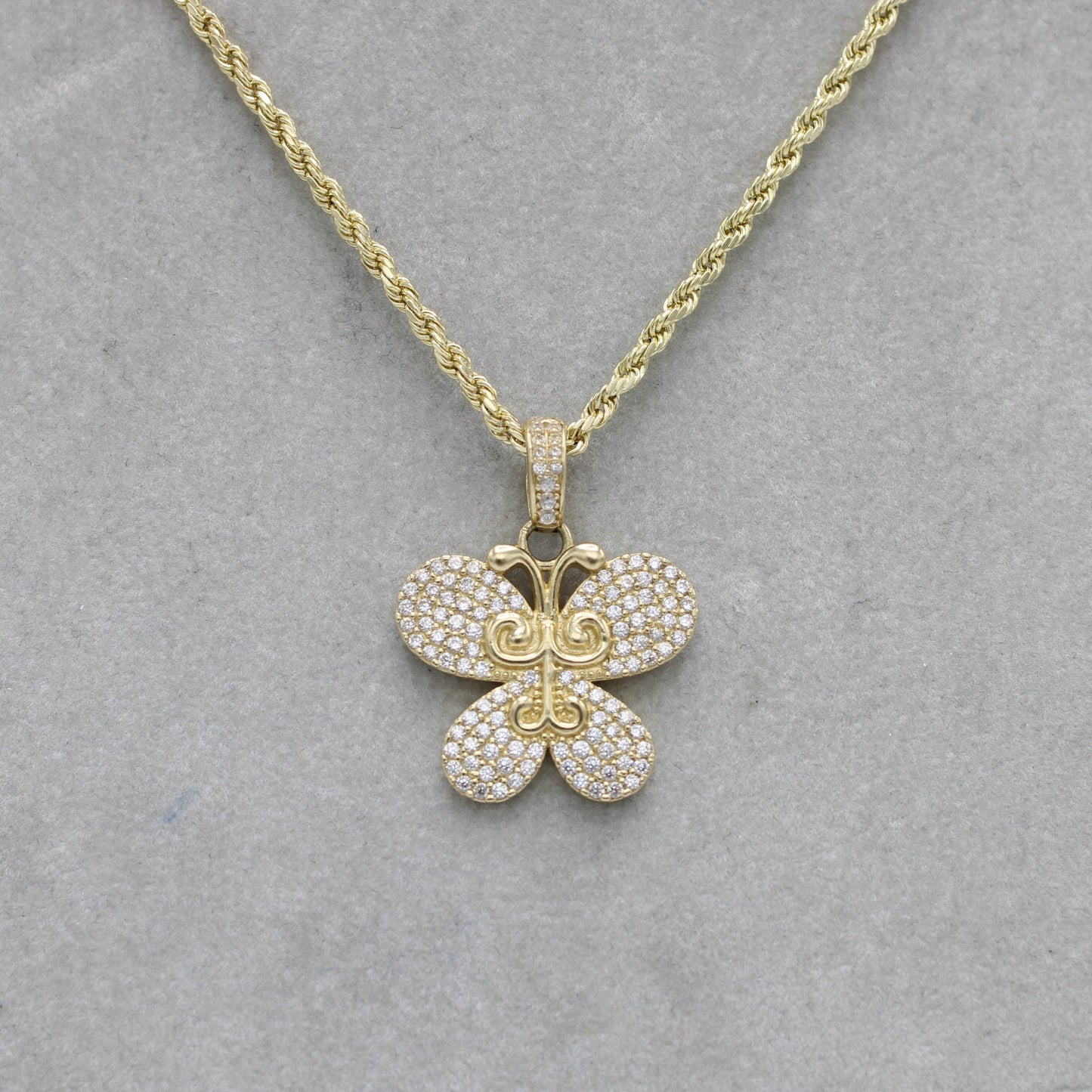 14K Butterfly Pendant Cz Stones With Rope Chain Yellow Gold
