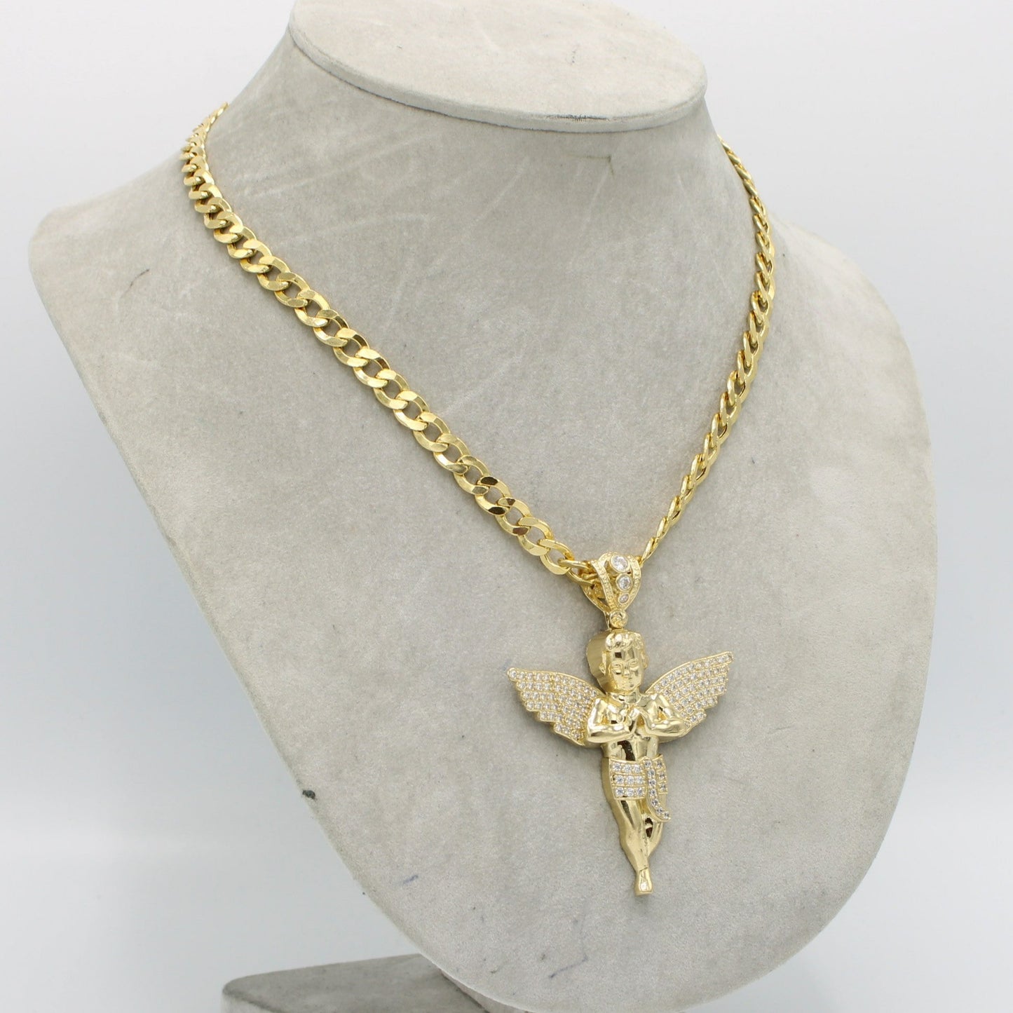 14K Big Angel Pendant Cz Stones With Semi-Solid Flat Cuban Chain Yellow Gold