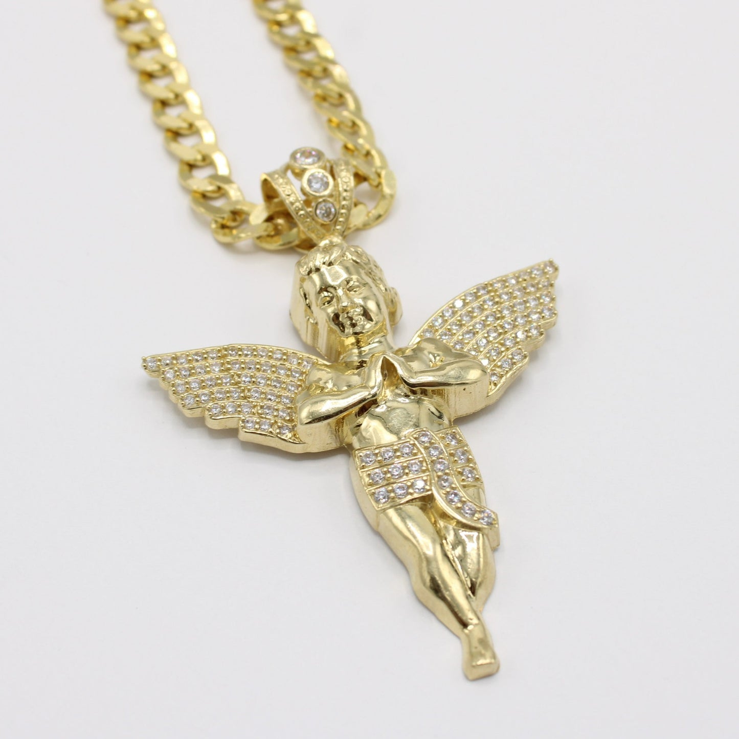 14K Big Angel Pendant Cz Stones With Semi-Solid Flat Cuban Chain Yellow Gold