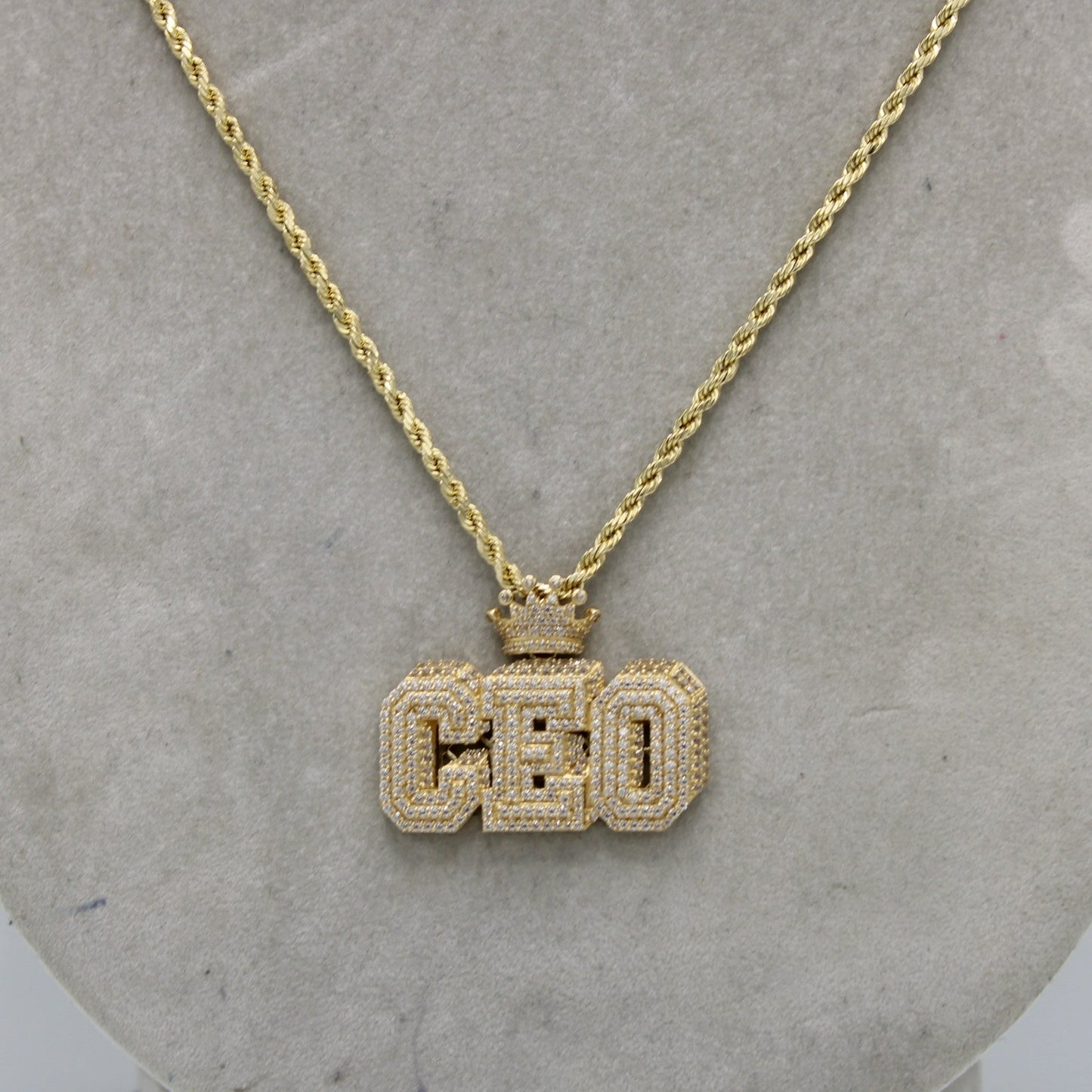 14K CEO Pendant Cz Stones With Rope Chain Yellow Gold