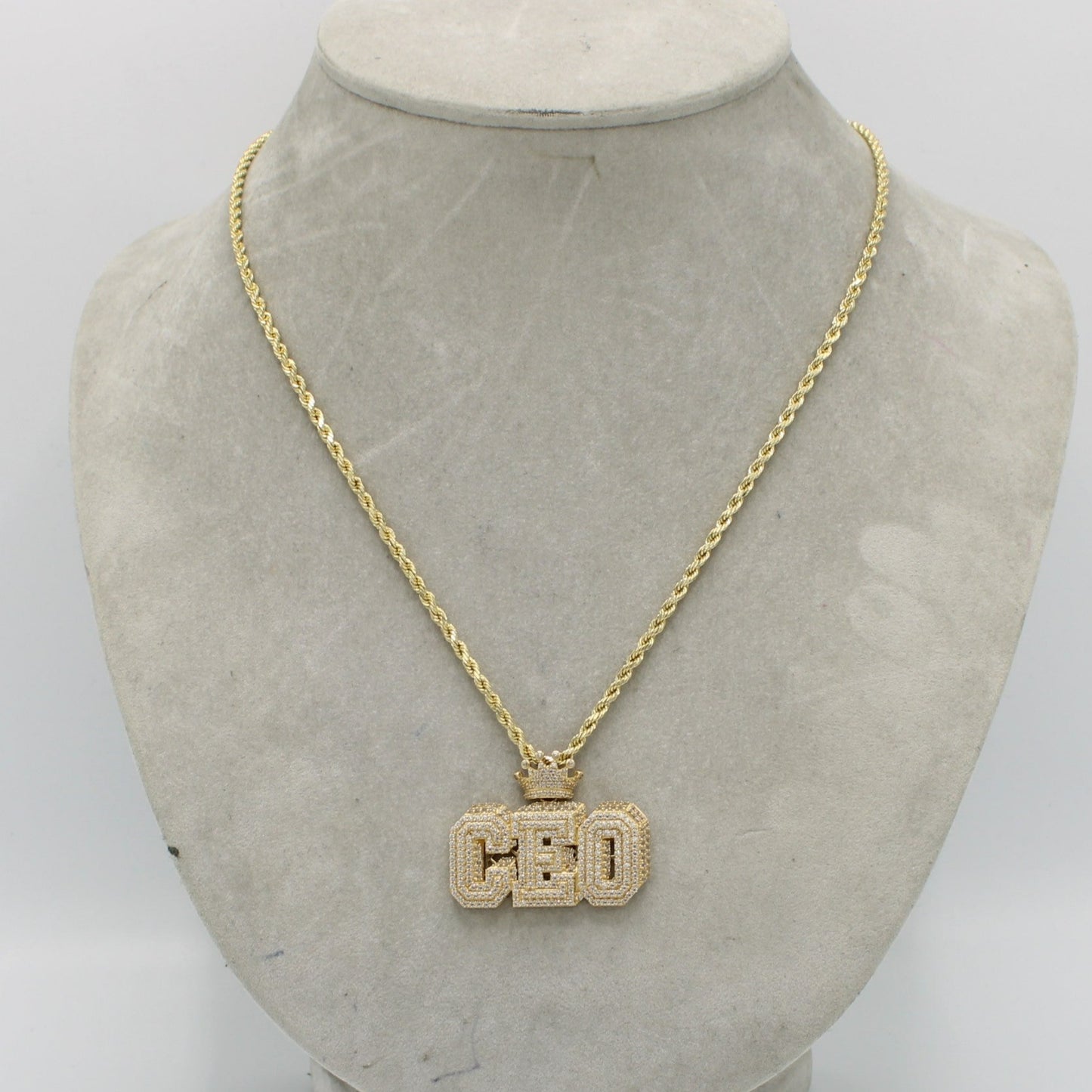 14K CEO Pendant Cz Stones With Rope Chain Yellow Gold