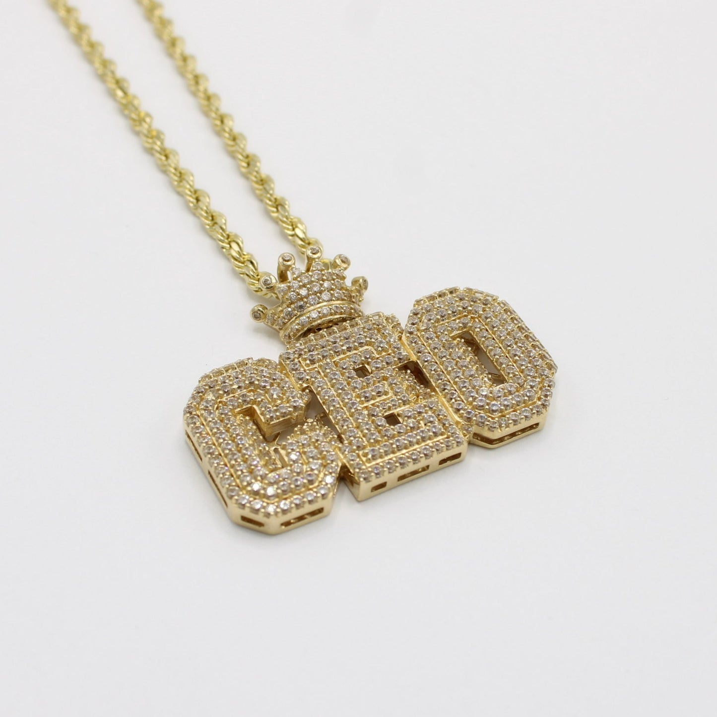14K CEO Pendant Cz Stones With Rope Chain Yellow Gold