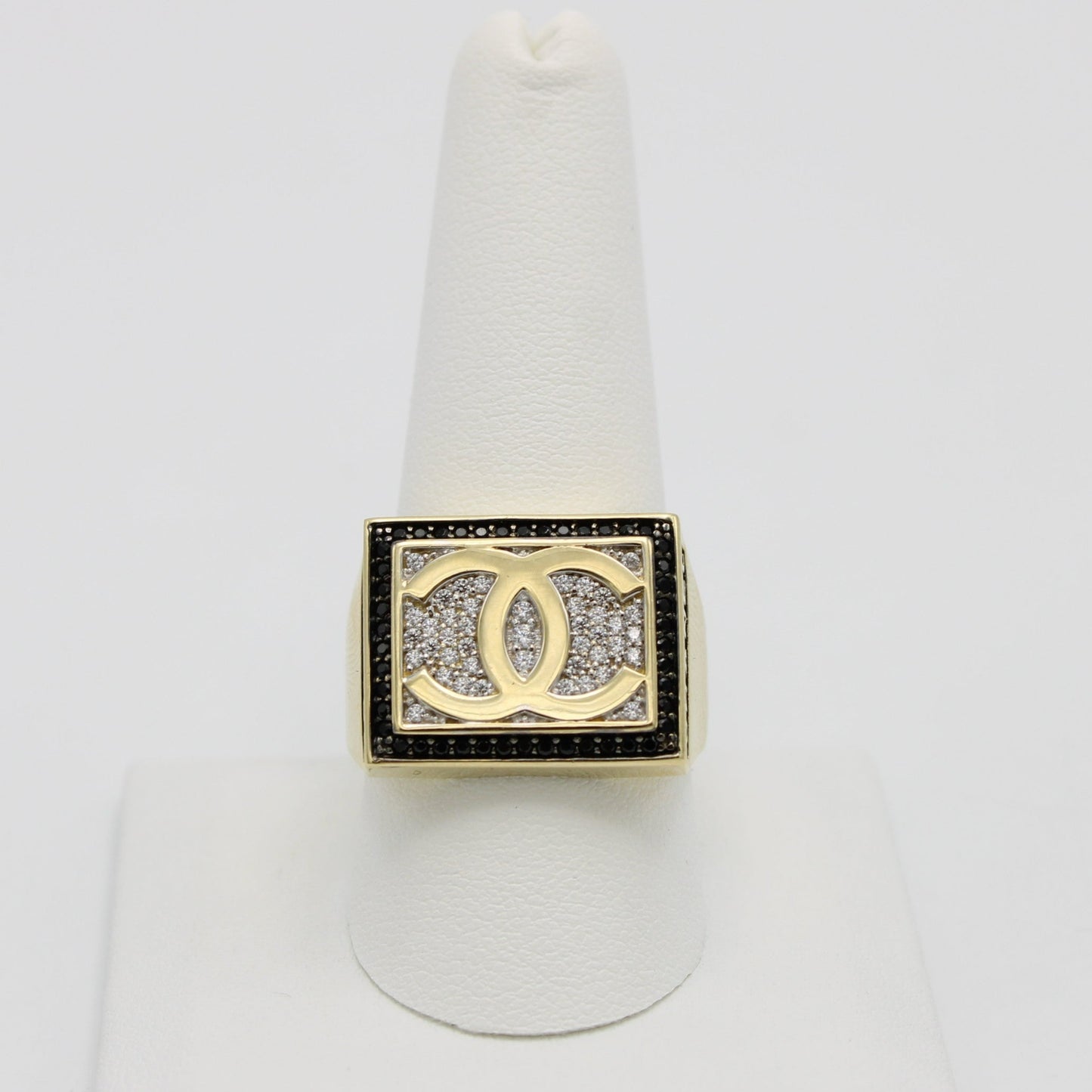 14K Square Men's Ring Cz Stones (Black Stone) Yellow Gold
