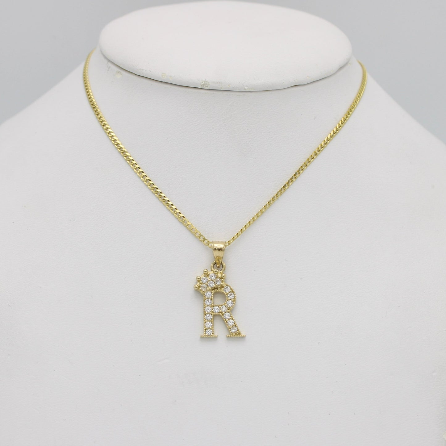 14K Crown Initial Name (R) Cz Stones With Solid Flat Cuban Chain Yellow Gold
