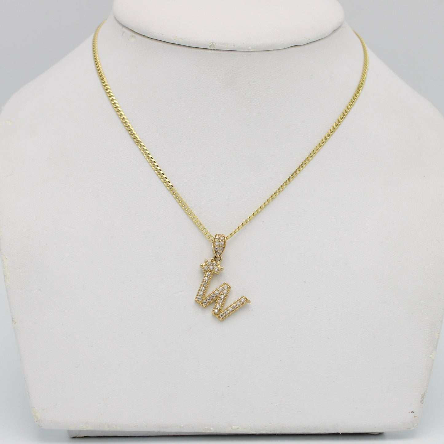 14K Crown Initial Name (W) Cz Stones With Solid Flat Cuban Chain Yellow Gold