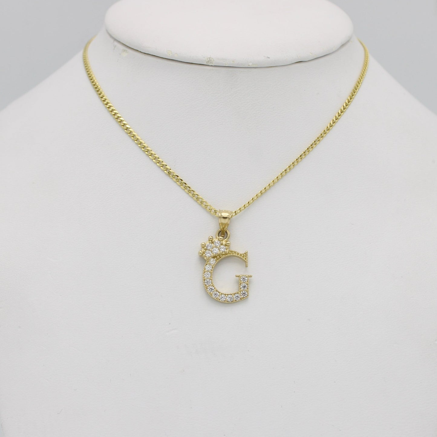 14K Crown Initial Name (G) Cz Stones With Solid Flat Cuban Chain Yellow Gold