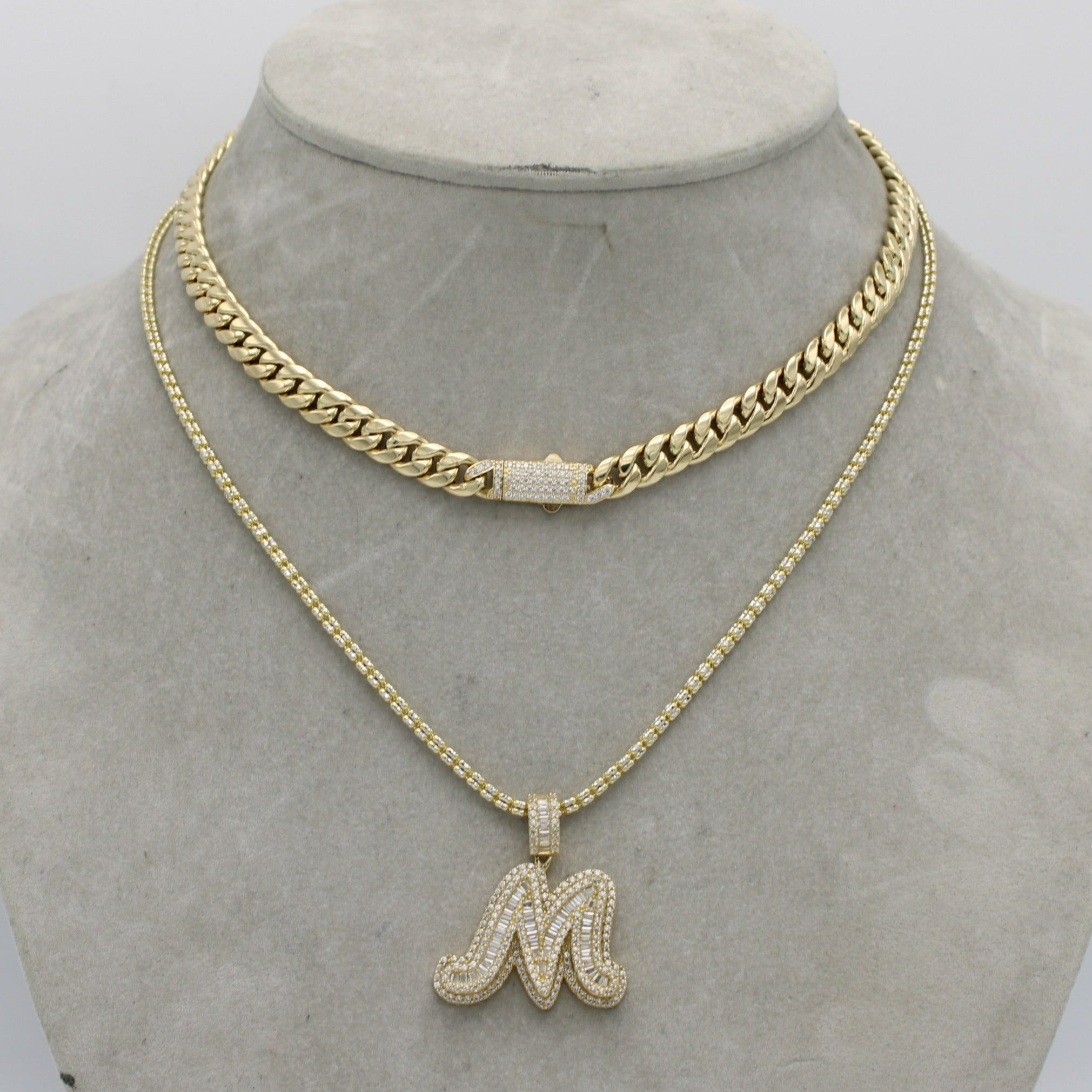 NewAgeBling Miami Cuban Half Icy Cuban Link Chain, 14k Gold Plated, CZ, 16-30 Inch
