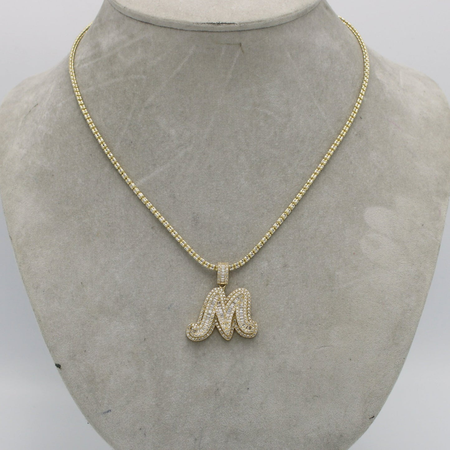 14K Initial Name (A) Cz Stones/Baguette with Ice Chain Yellow Gold