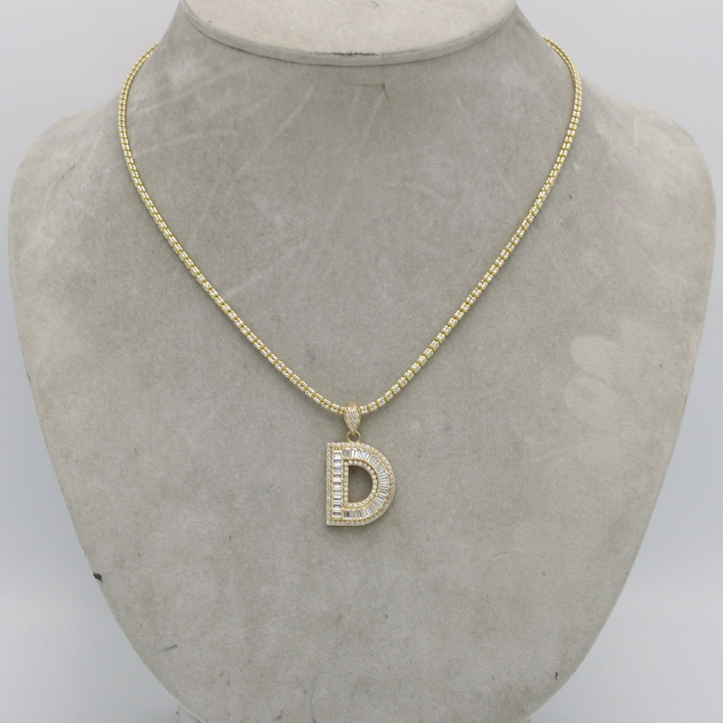 14K Initial Name (D) Cz Stones/Baguette with Ice Chain Yellow Gold