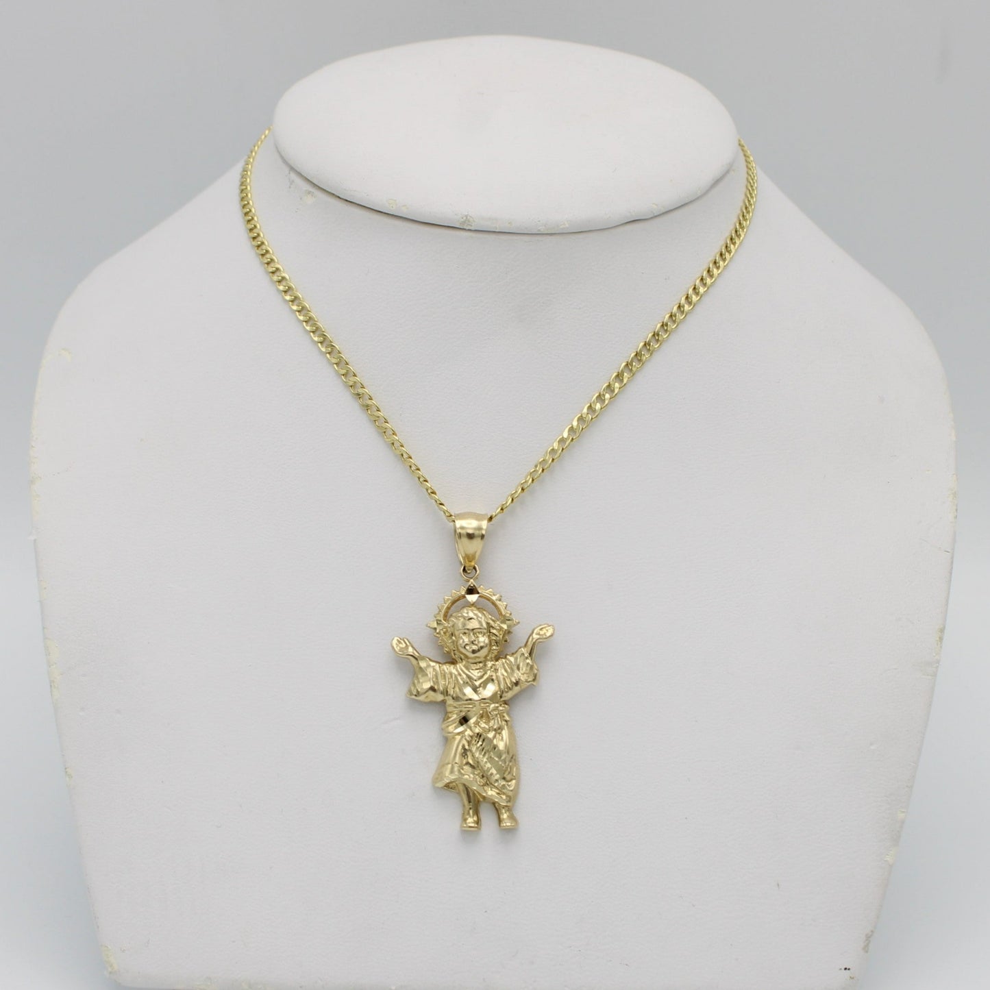 14k Divino Niño Pendant With Semi-Solid Flat Cuban Chain Yellow Gold