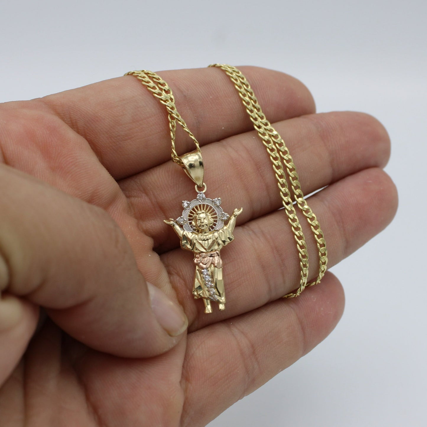 14k Divino Niño Pendant Three Tones With Semi-Solid Flat Cuban Chain Yellow Gold