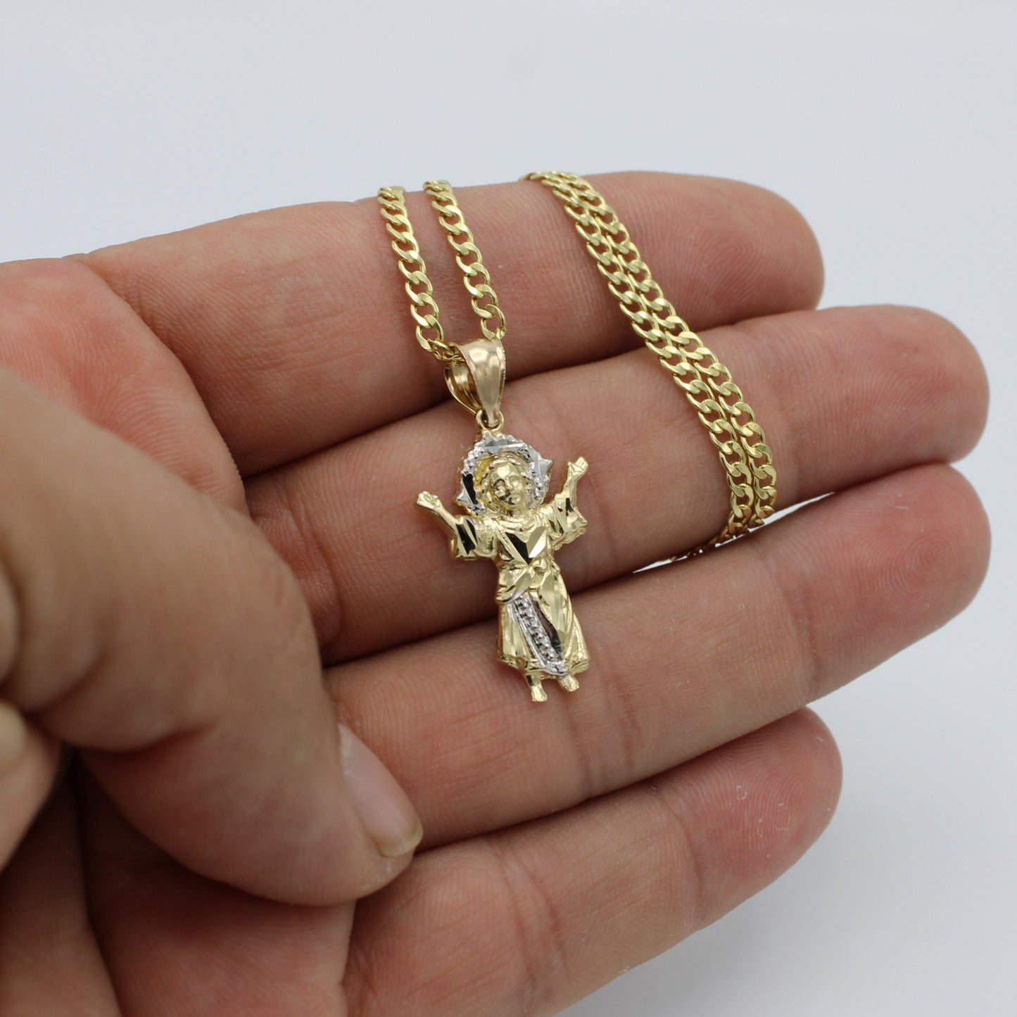 14k Divino Niño Pendant Two Tones With Semi-Solid Flat Cuban Chain Yellow Gold