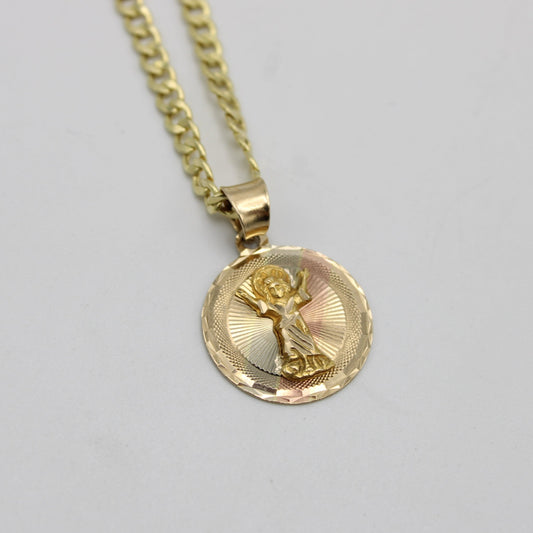 14k Round Divino NiƱo PendantThree Tones With Semi-Solid Flat Cuban Chain Yellow Gold