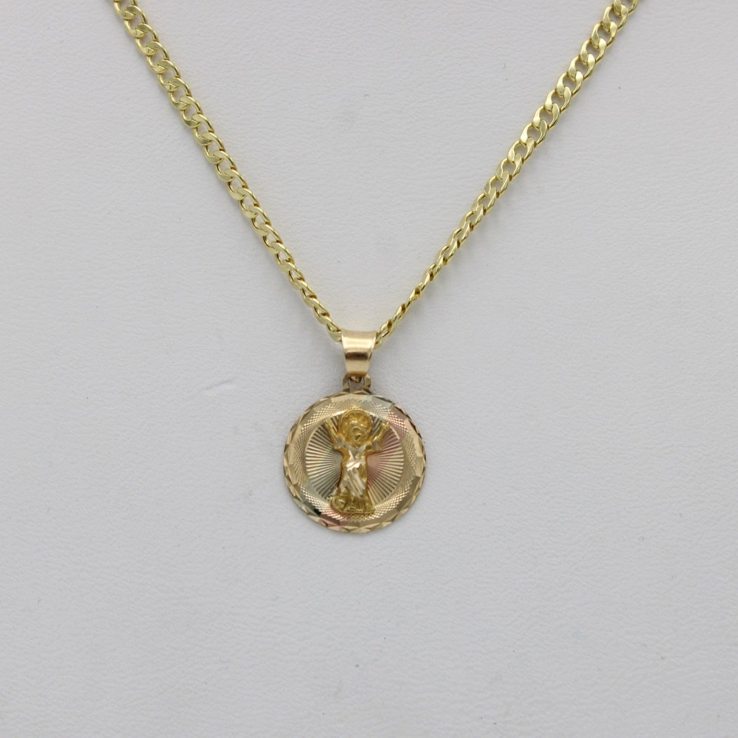 14k Round Divino Niño PendantThree Tones With Semi-Solid Flat Cuban Chain Yellow Gold