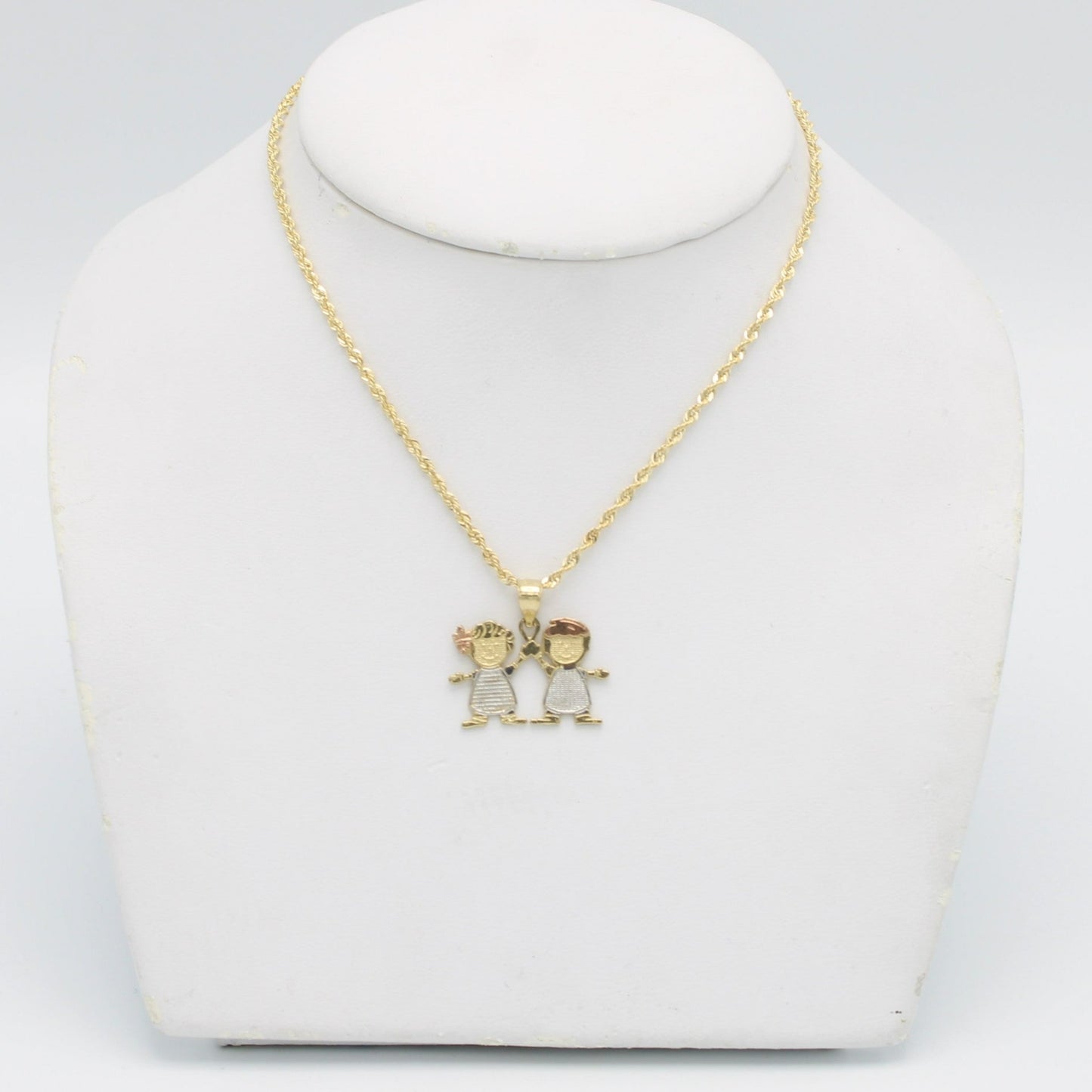 14K Boy and Girl Pendant Cz Stones With Rope Chain Yellow Gold