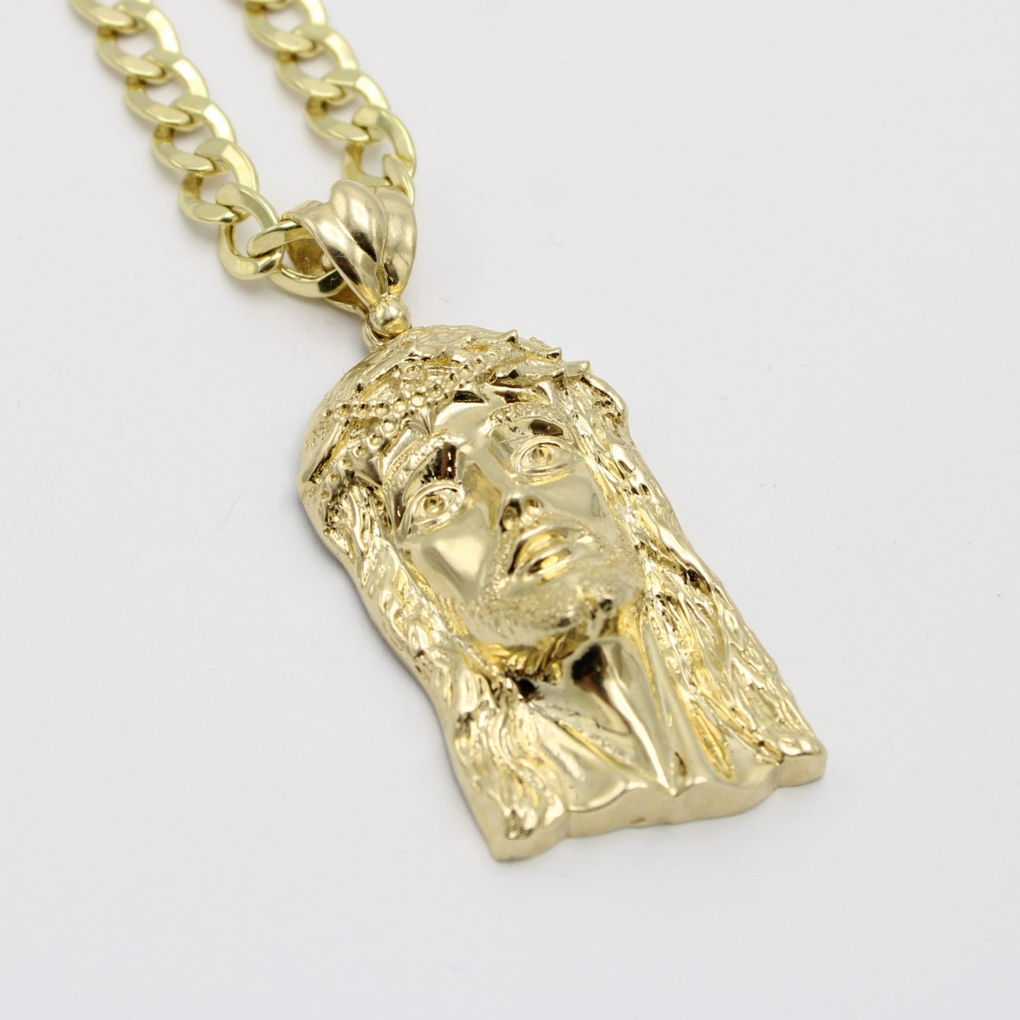 14K Jesus Face With Semi-Solid Flat Cuban Chain Yellow Gold
