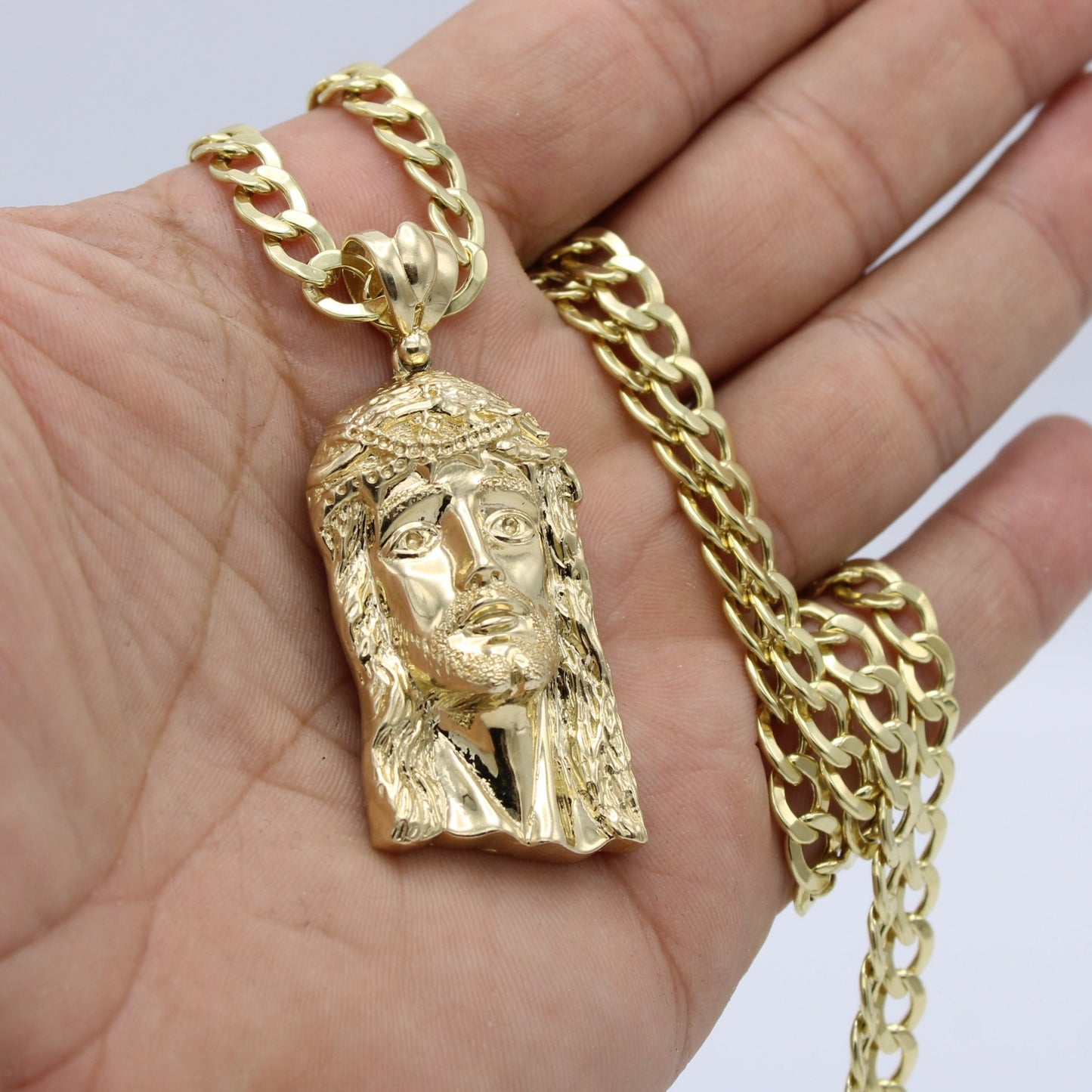 14K Jesus Face With Semi-Solid Flat Cuban Chain Yellow Gold