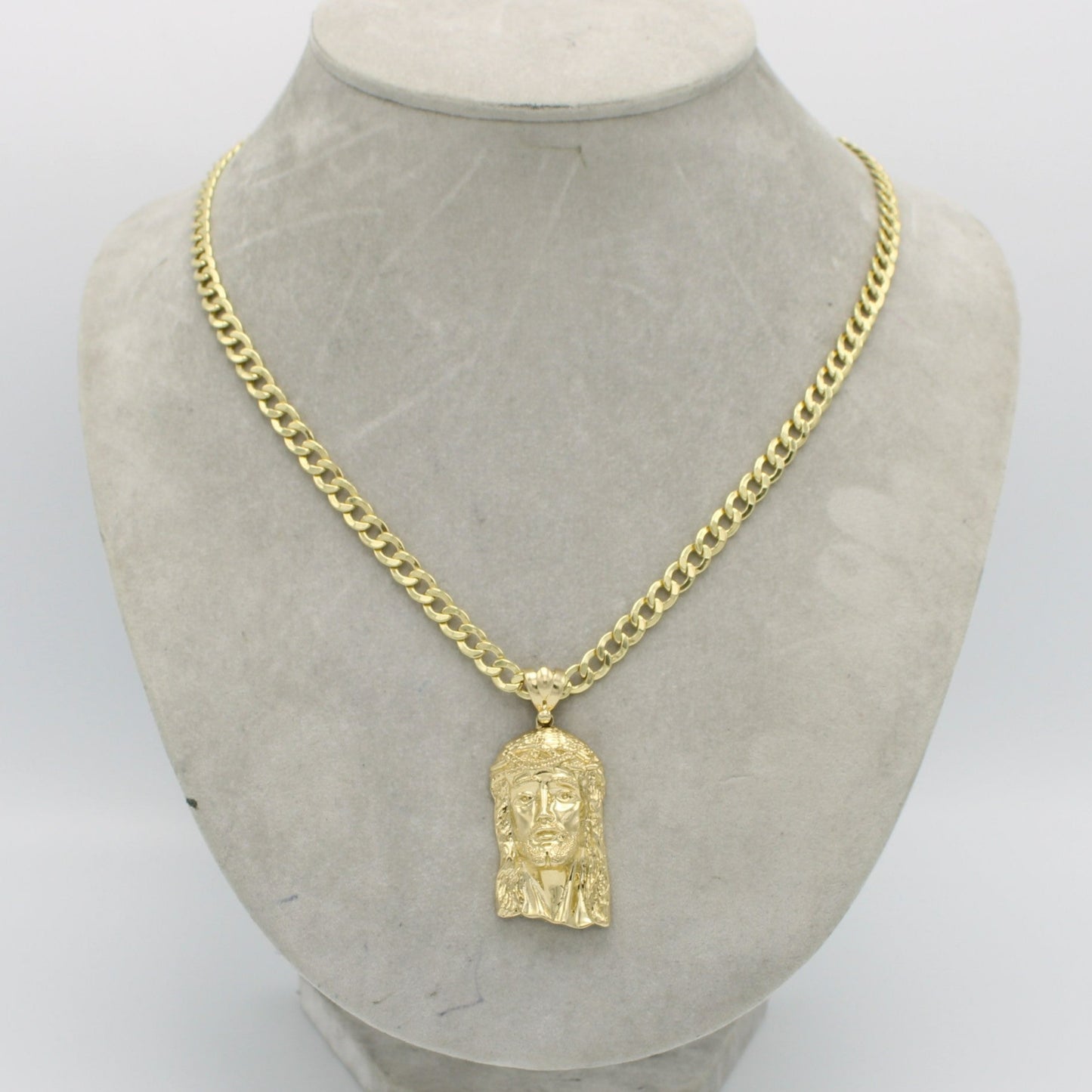 14K Jesus Face With Semi-Solid Flat Cuban Chain Yellow Gold