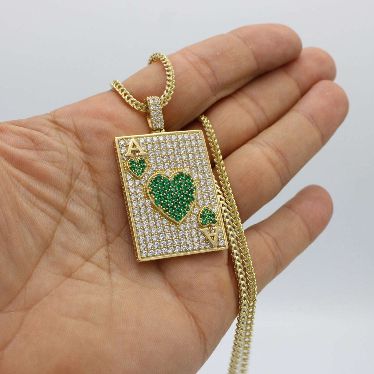 14K Ace Pendant Cz Stones With Franco Chain Two Tones Yellow Gold