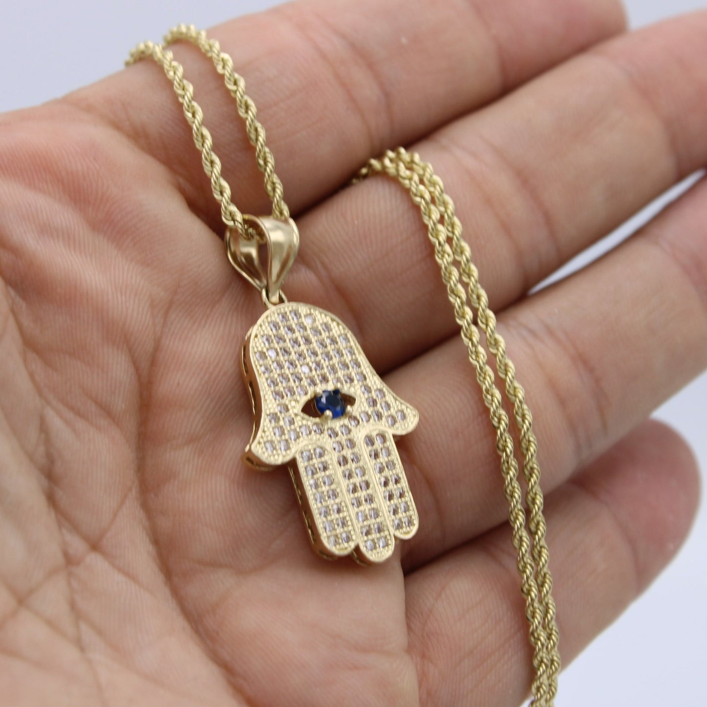 14K Hamsa Pendant Cz Stones With Rope Chain Yellow Gold