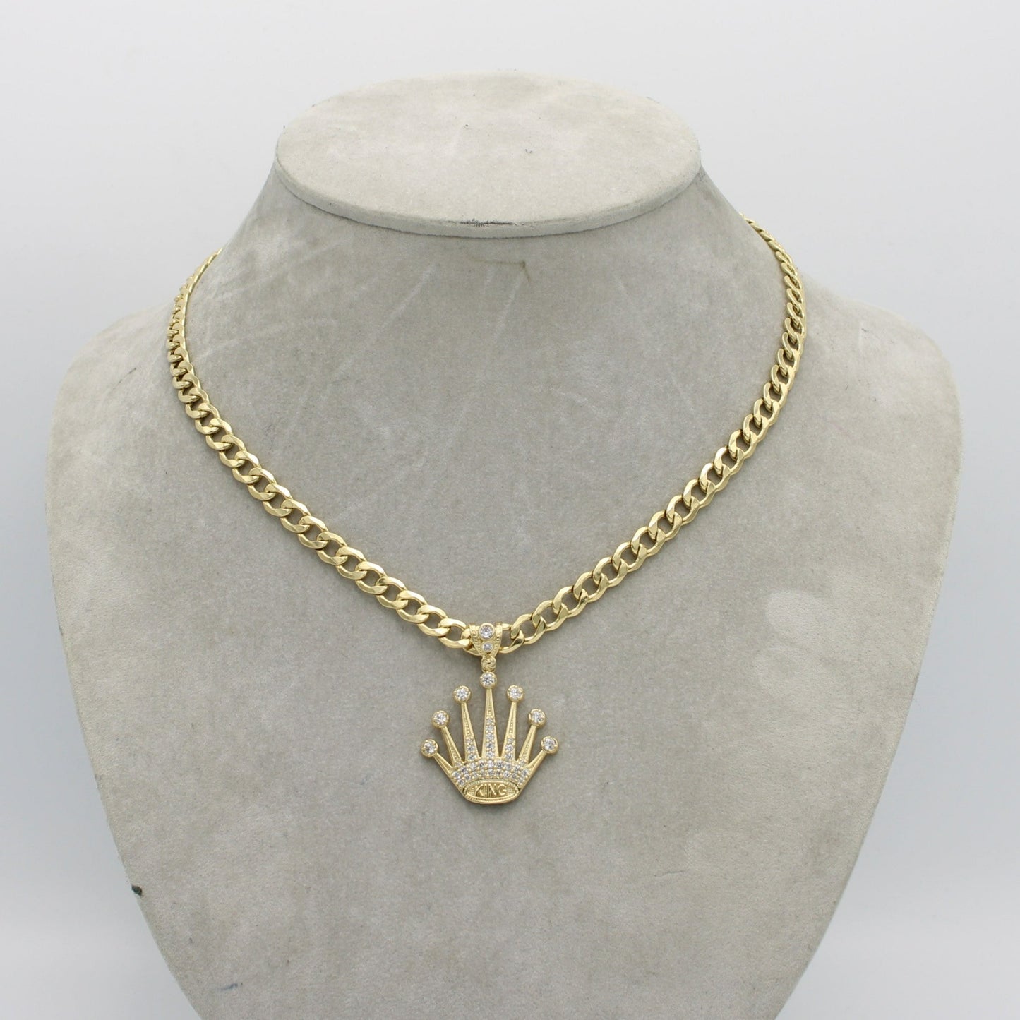 14K Crown Pendant Cz Stones With Semi-Solid Flat Cuban Chain Yellow Gold