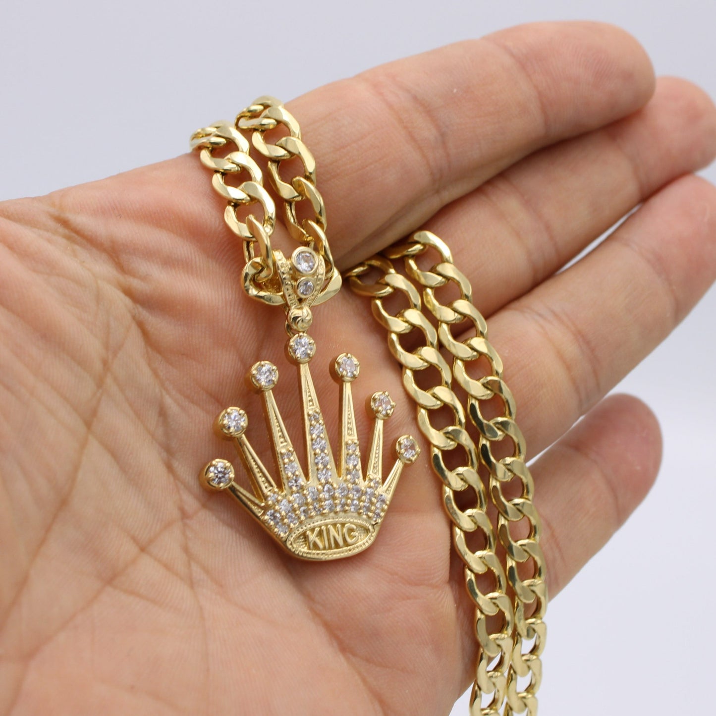 14K Crown Pendant Cz Stones With Semi-Solid Flat Cuban Chain Yellow Gold