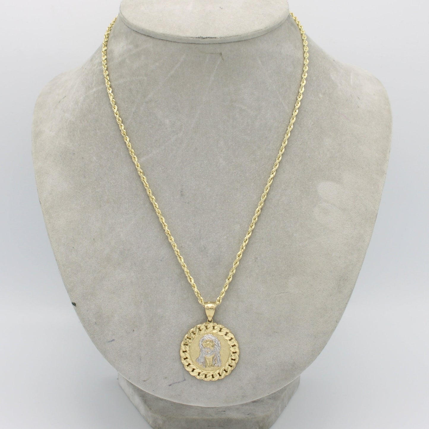 14K Jesus Face Pendant Two Tones With Rope Chain Yellow Gold