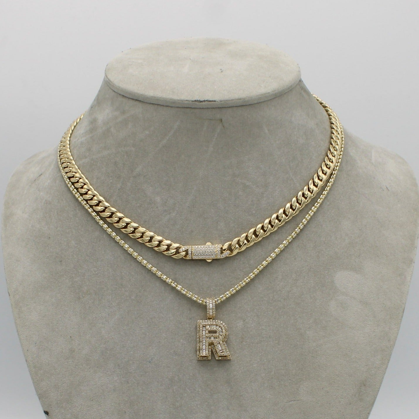 14K Set Choker (16") With Ice Chain (18") With Initial Name Pendant Cz Stones Yellow Gold