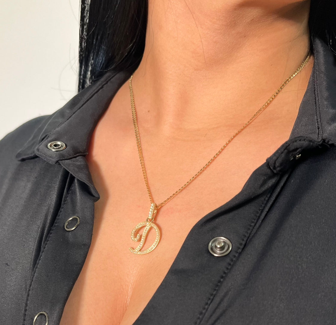 14K Initial Name Pendant with Solid Cuban Chain Yellow Gold
