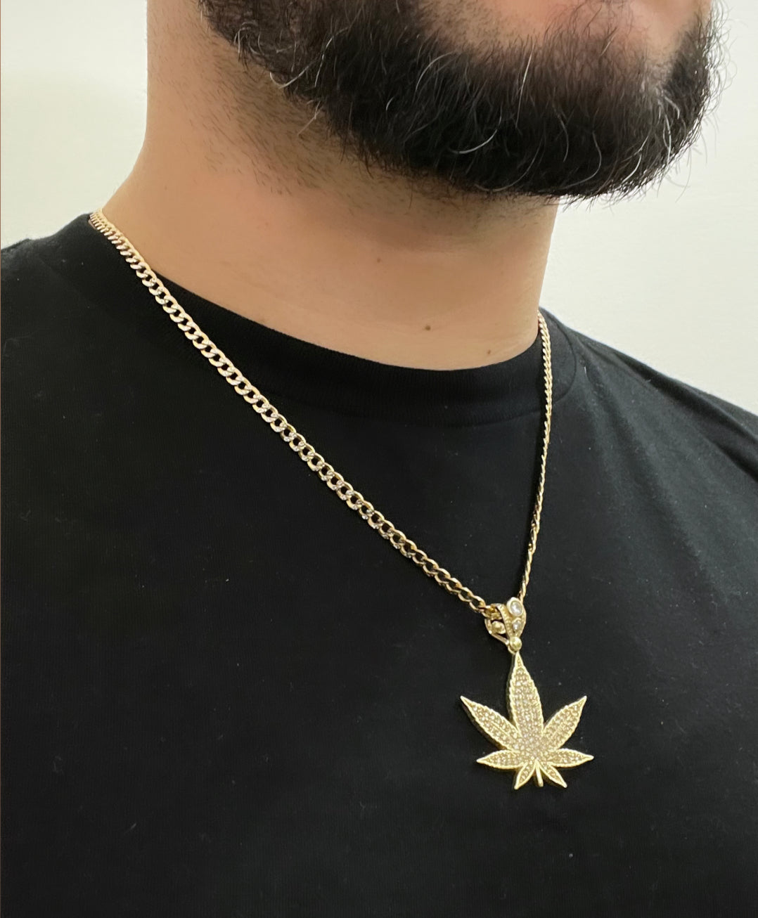 14K Weed Pendant Cz Stones With Semi-Solid Flat Cuban Chain Two Tones Yellow Gold