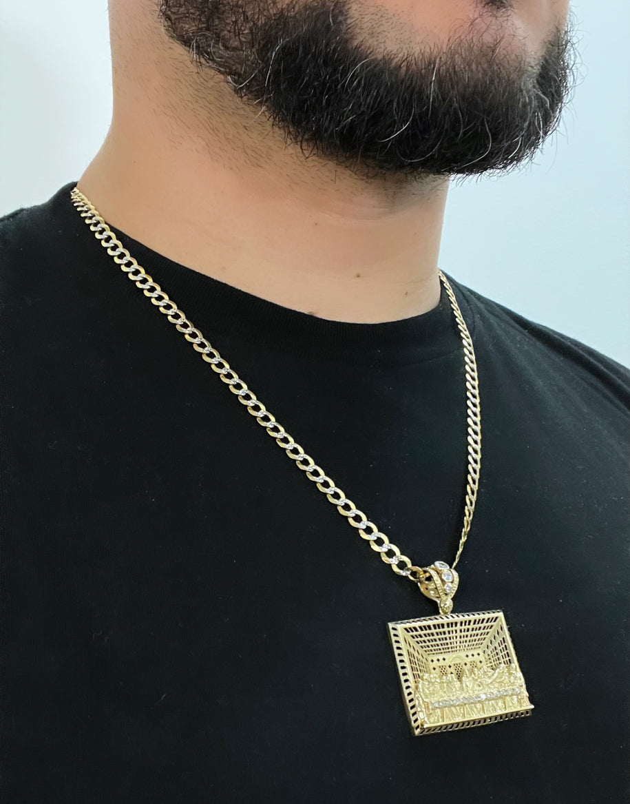 14k Last Supper Pendant Cz Stones With Solid Flat Cuban Chain Two Tones Yellow Gold