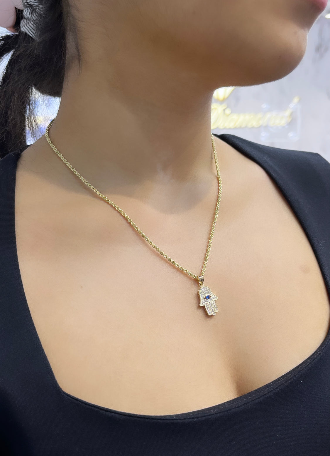 14K Hamsa Pendant Cz with Hollow Rope Chain Yellow Gold