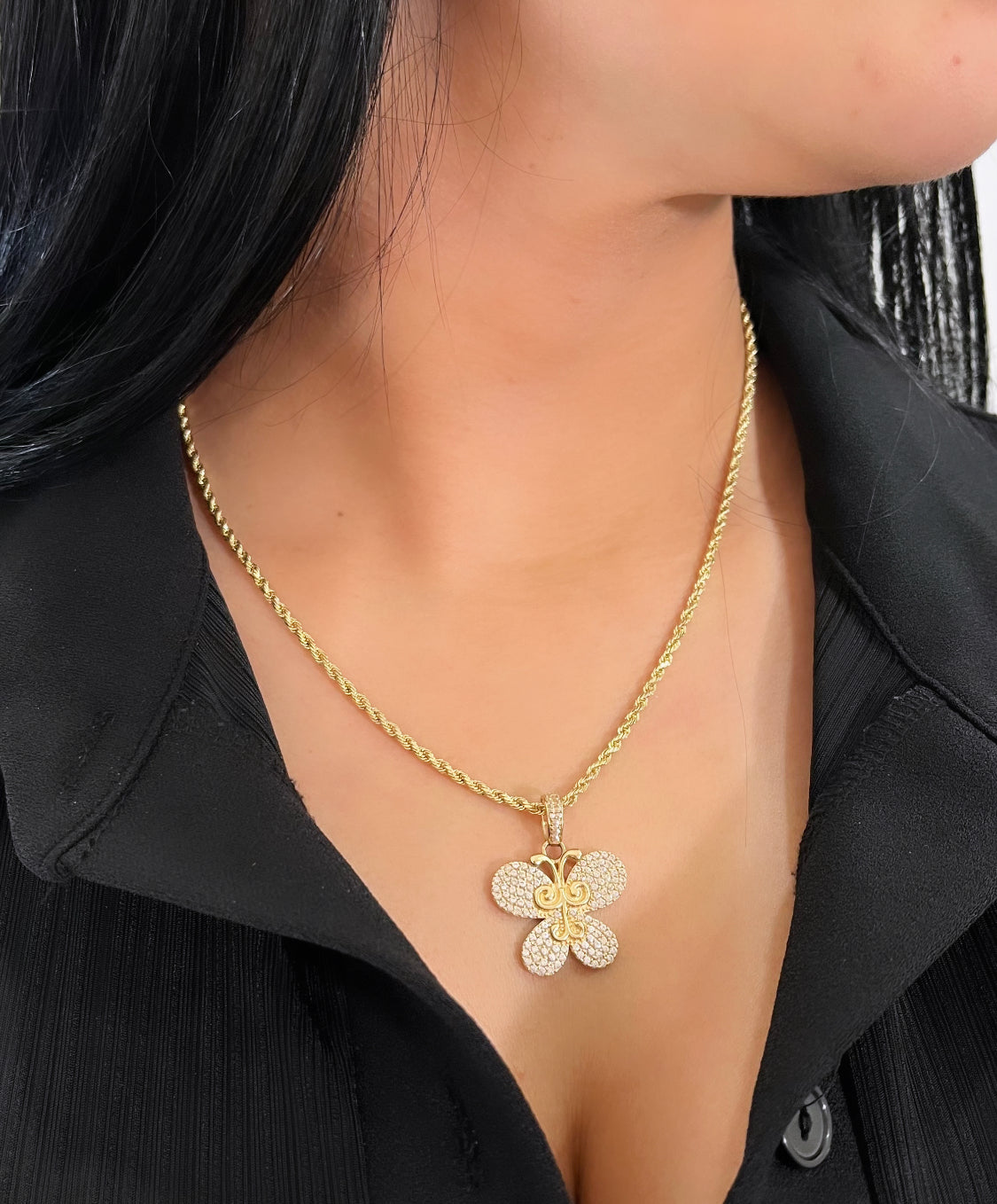 14K Butterfly Pendant Cz Stones With Rope Chain Yellow Gold