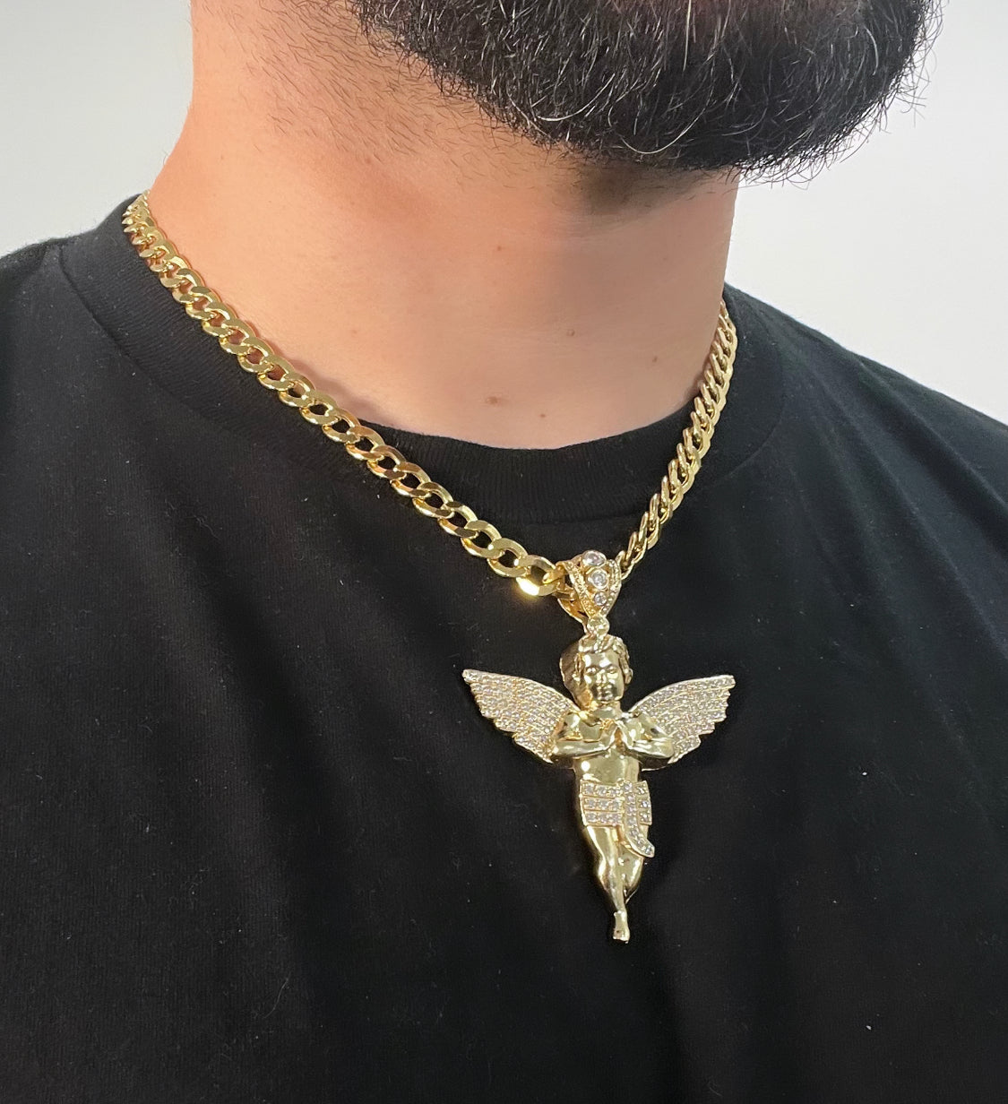 14K Big Angel Pendant Cz Stones With Semi-Solid Flat Cuban Chain Yello –  Alex Diamond Jewelry