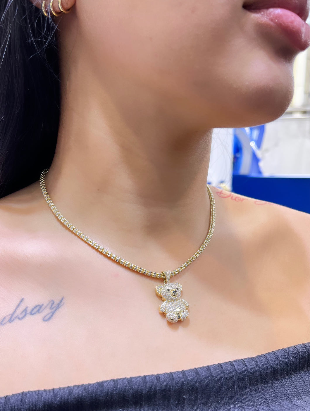 14K Teddy Bear Pendant with Ice Chain Yellow Gold