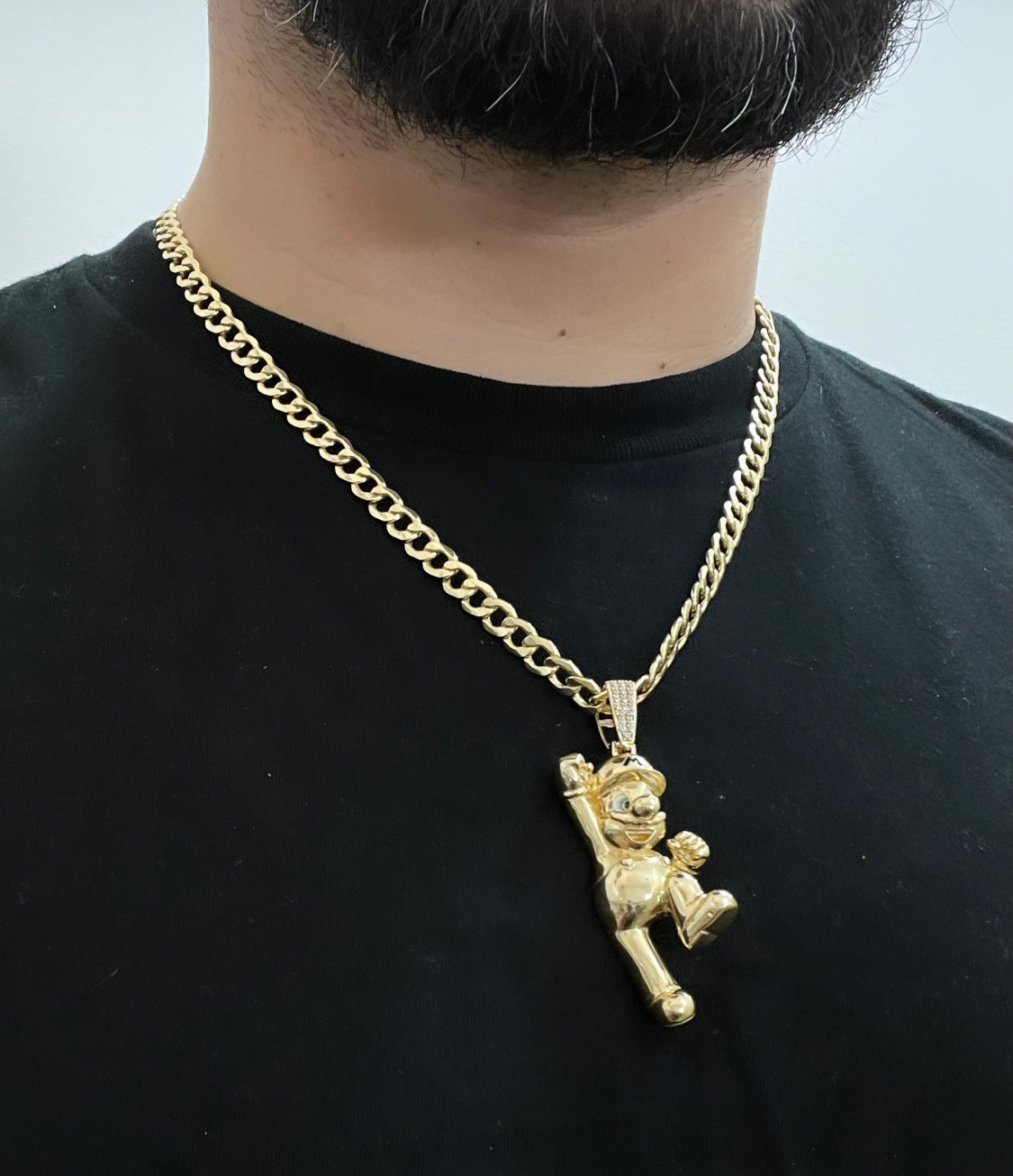 14K Super Mario Bros With Semi-Solid Flat Cuban Chain Two Tones Yellow Gold