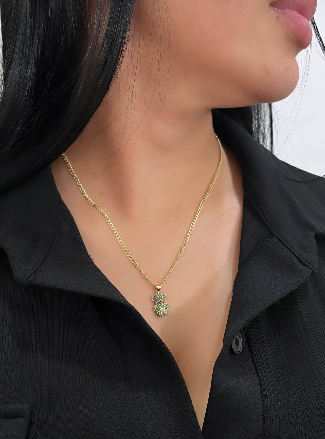 14k Teddy Bear Pendant Cz Stones With Flat Cuban Chain Yellow Gold