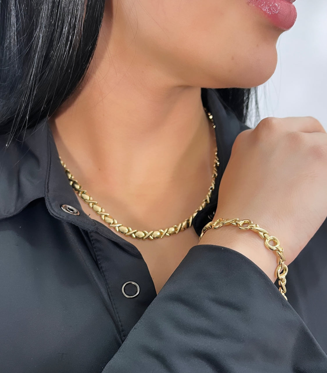 14K Set XOXO Choker With Bracelet Cz Stones Yellow Gold