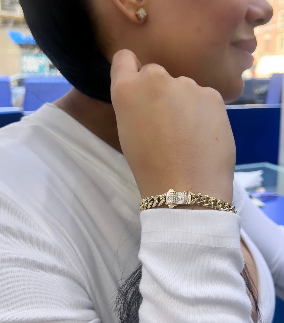 14K Women's Semi-Solid Cuban Bracelet Cz Stones At Lock