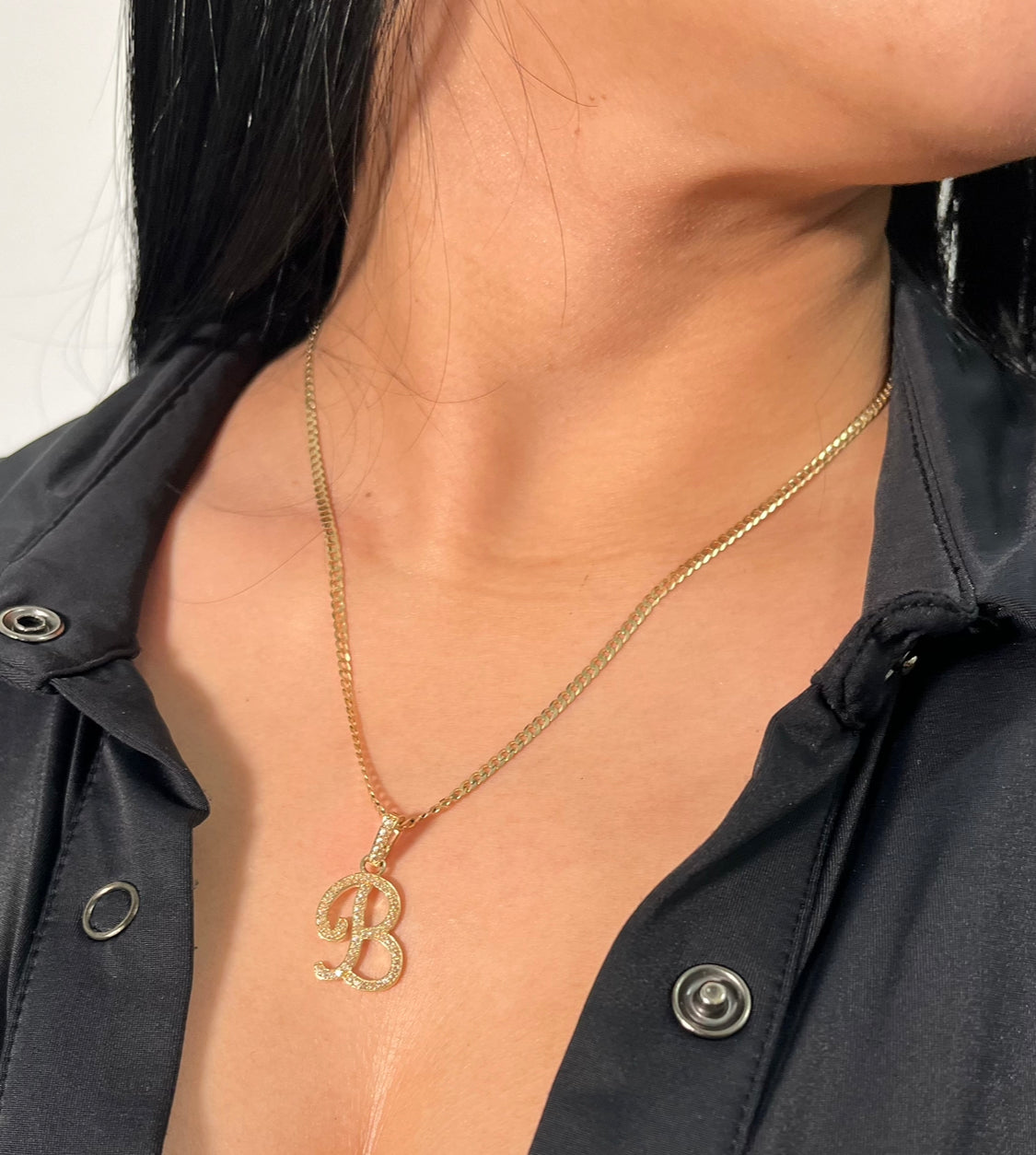 14K Initial Name Pendant with Solid Cuban Chain Yellow Gold