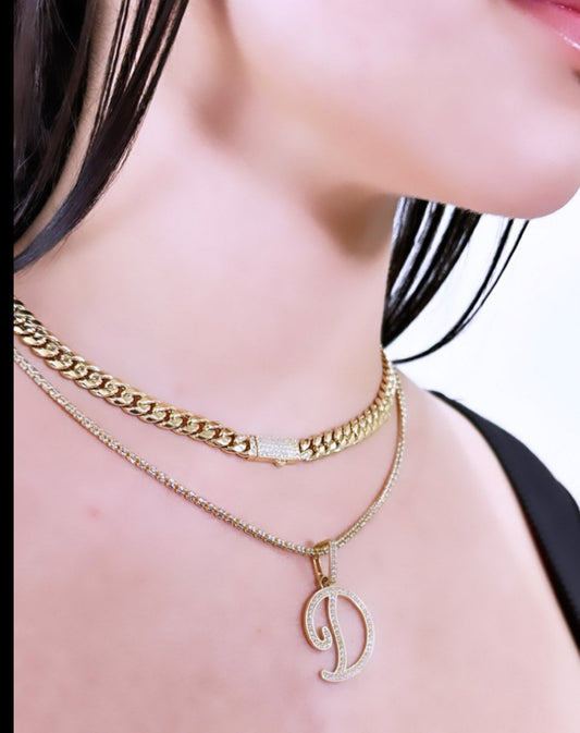 14K Hollow Choker With Initial Name With Ice Chain