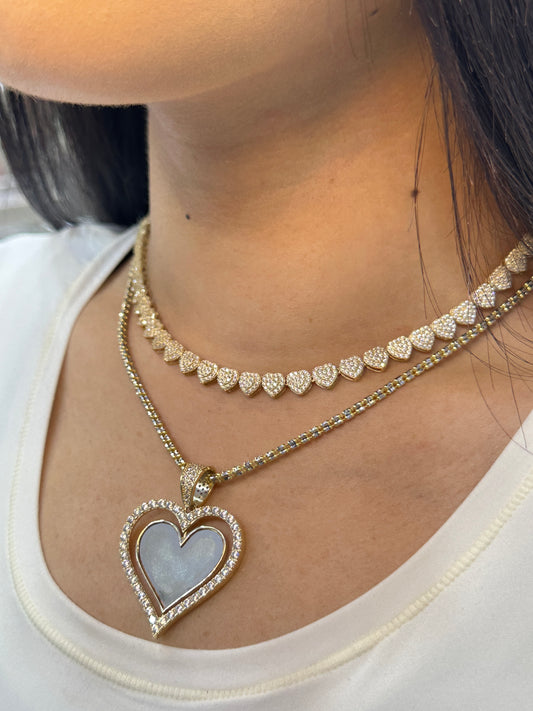14k Combo Heart Choker with Ice Chain with heart pendant Cz Stones Yellow Gold