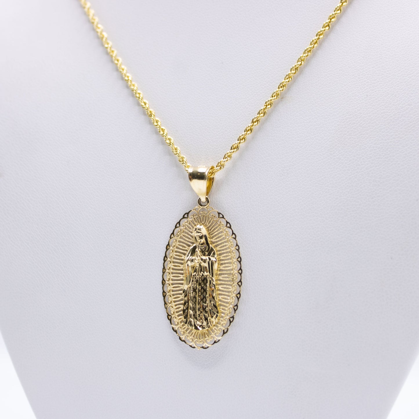 14K Virgen Maria Pendant with Rope Chain Yellow Gold
