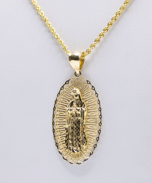 14K Virgen Maria Pendant with Rope Chain Yellow Gold