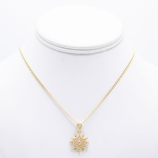 14K Snowflake Pendant Cz with Cuban Chain Yellow Gold