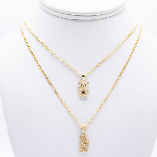 14K Set Cuban Chains with teddy bear - initial Pendant Cz Stones Yellow Gold