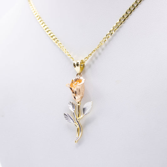 14K rose three tones pendant with Solid Flat Cuban Chain Yellow Gold