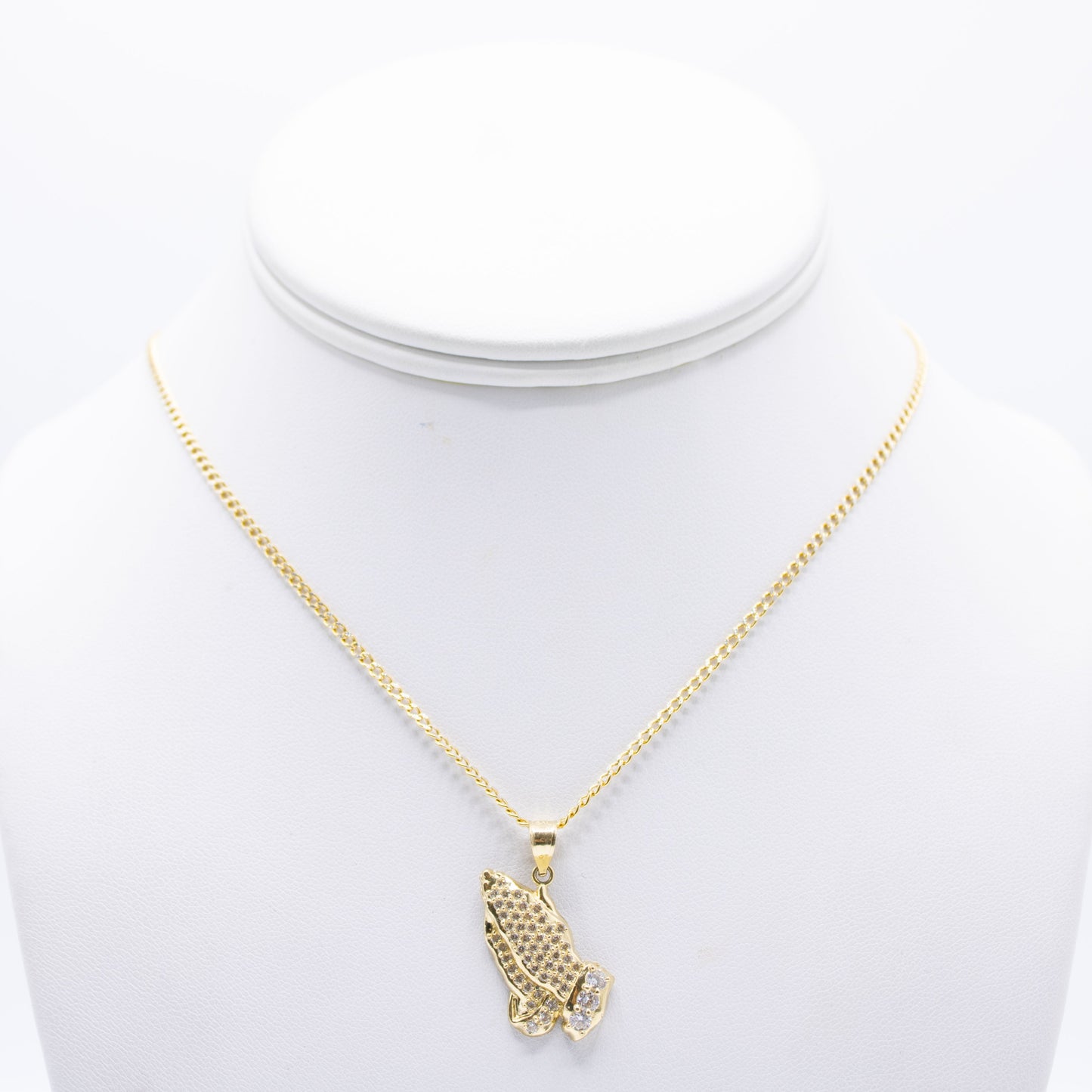 14K Pray Hands Pendant Cz Stones With Semi-Solid Flat Cuban Chain Yellow Gold
