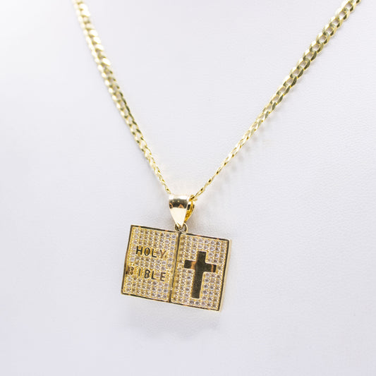 14K Holy Bible Cz pendant with Solid Flat Cuban Chain Yellow Gold