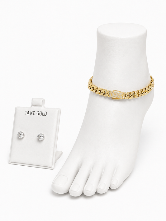 Miami Cuban Ankle Bracelet 14k Two-Tone Yellow Gold FREE EARRINGS